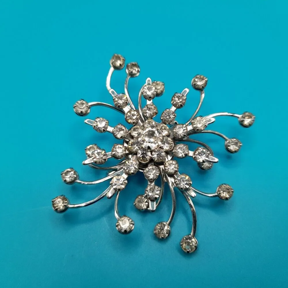 Vintage Rhinestone Starburst Brooch Silver Tone Bridal Pin 2.5”